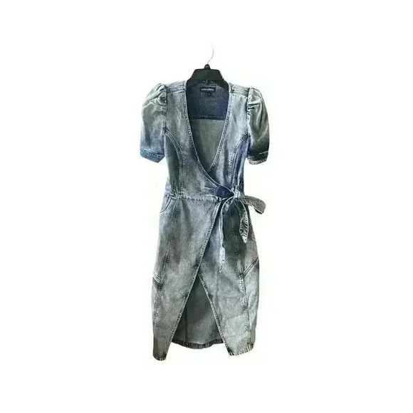 NEW Retrofete Zelda Wrap Dress Sienna Blue Denim V-Neck Puff Sleeve Sz XS - Picture 7 of 15